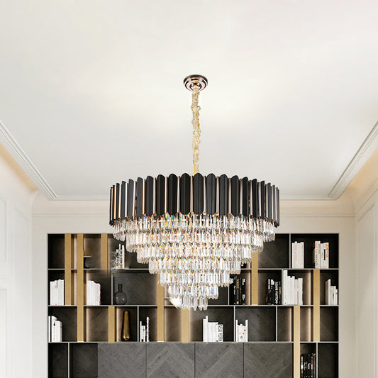 Faceted Crystal Round Shade Chandelier Light with Metal Sheet Modern Multi-Light Ceiling Pendant Light in Black Clearhalo 'Ceiling Lights' 'Chandeliers' 'Modern Chandeliers' 'Modern' Lighting' 259839