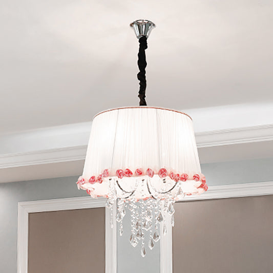 4 Lights Tapered Chandelier Lamp Modern Fabric Pendant Light with Clear Crystal Bead in White and Pink for Bedroom White-Pink Clearhalo 'Ceiling Lights' 'Chandeliers' 'Modern Chandeliers' 'Modern' Lighting' 259843