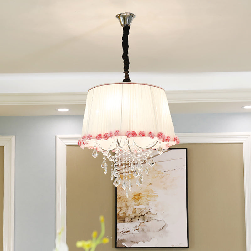 4 Lights Tapered Chandelier Lamp Modern Fabric Pendant Light with Clear Crystal Bead in White and Pink for Bedroom Clearhalo 'Ceiling Lights' 'Chandeliers' 'Modern Chandeliers' 'Modern' Lighting' 259844