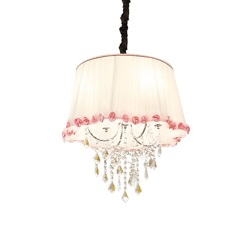 4 Lights Tapered Chandelier Lamp Modern Fabric Pendant Light with Clear Crystal Bead in White and Pink for Bedroom Clearhalo 'Ceiling Lights' 'Chandeliers' 'Modern Chandeliers' 'Modern' Lighting' 259845