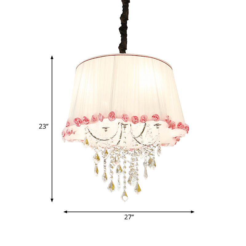 4 Lights Tapered Chandelier Lamp Modern Fabric Pendant Light with Clear Crystal Bead in White and Pink for Bedroom Clearhalo 'Ceiling Lights' 'Chandeliers' 'Modern Chandeliers' 'Modern' Lighting' 259846