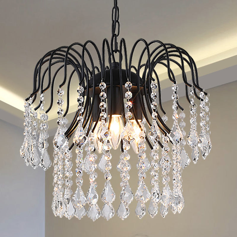 3 Lights Crystal Drop Chandelier Lamp Contemporary Hanging Ceiling Light in Black/White Finish Black Clearhalo 'Ceiling Lights' 'Chandeliers' 'Modern Chandeliers' 'Modern' Lighting' 259859