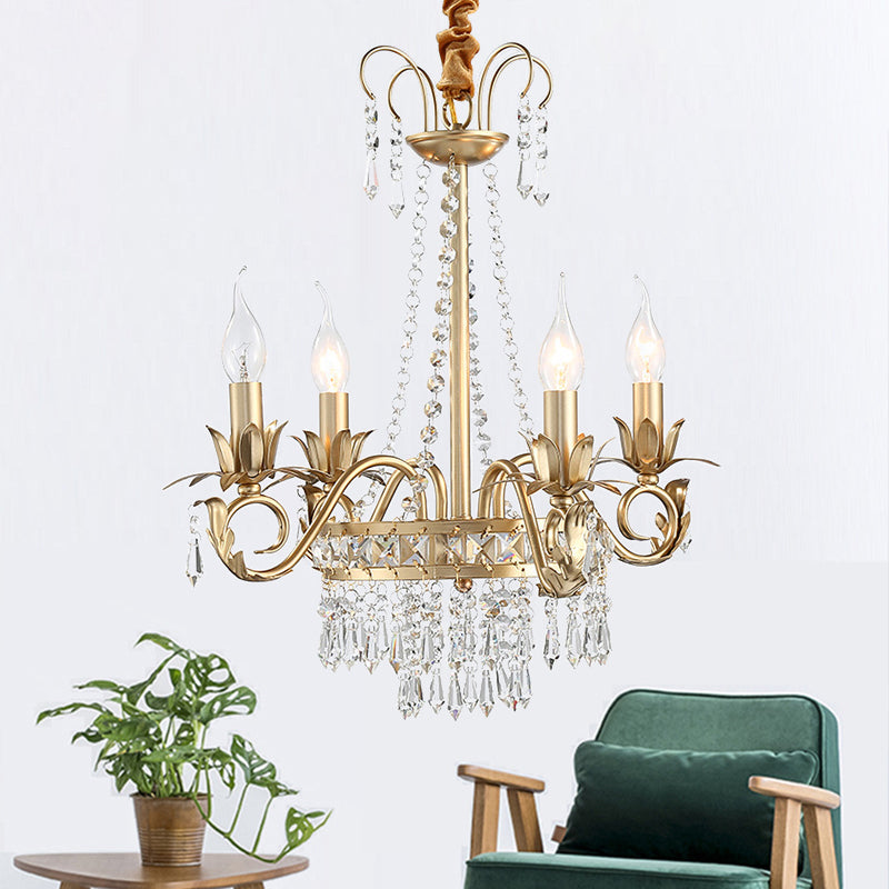 Brass Finish Curved Arm Ceiling Chandelier with Candle Accent Contemporary Crystal 4/6 Bulbs Ceiling Pendant Light Clearhalo 'Ceiling Lights' 'Chandeliers' Lighting' options 259865