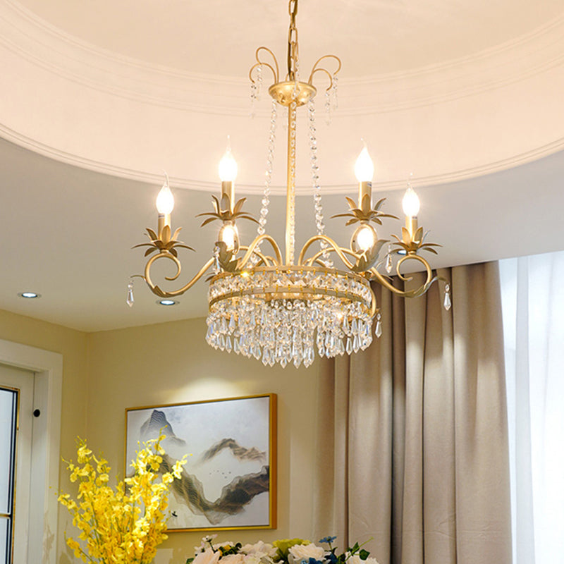 Brass Finish Curved Arm Ceiling Chandelier with Candle Accent Contemporary Crystal 4/6 Bulbs Ceiling Pendant Light Clearhalo 'Ceiling Lights' 'Chandeliers' Lighting' options 259870