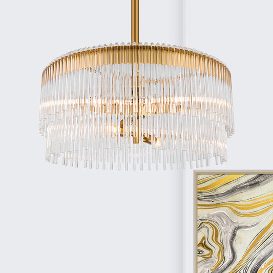 Clear Crystal Pipe Hanging Chandelier Contemporary 6 Lights Ceiling Pendant Light in Brass Finish for Living Room Brass Clearhalo 'Ceiling Lights' 'Chandeliers' 'Modern Chandeliers' 'Modern' Lighting' 259880