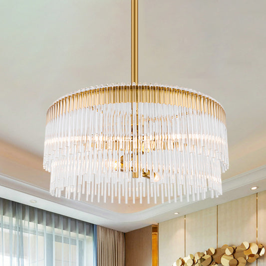 Clear Crystal Pipe Hanging Chandelier Contemporary 6 Lights Ceiling Pendant Light in Brass Finish for Living Room Clearhalo 'Ceiling Lights' 'Chandeliers' 'Modern Chandeliers' 'Modern' Lighting' 259881
