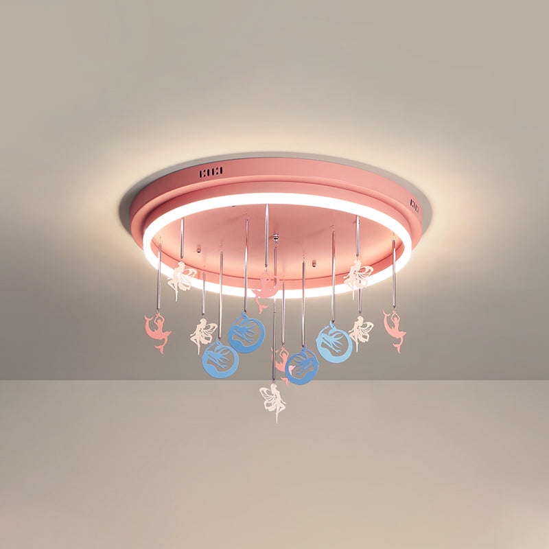 Pink/Blue Round Led Flush Mount Fixture Kids Acrylic Flush Chandelier with Mermaid/Star Decoration, 18"/21.5" Width Pink Mermaid Clearhalo 'Ceiling Lights' 'Close To Ceiling Lights' 'Close to ceiling' 'Flush mount' Lighting' 259892