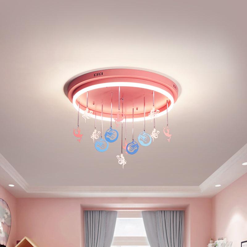 Pink/Blue Round Led Flush Mount Fixture Kids Acrylic Flush Chandelier with Mermaid/Star Decoration, 18"/21.5" Width Clearhalo 'Ceiling Lights' 'Close To Ceiling Lights' 'Close to ceiling' 'Flush mount' Lighting' 259893