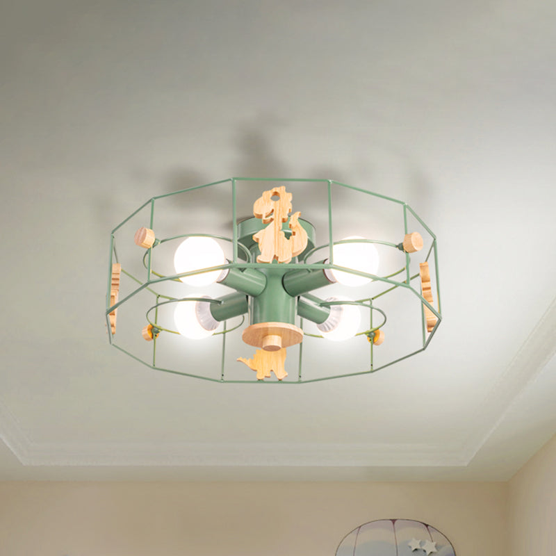 Drum Cage Shade Semi Mount Lighting Cartoon Metal 4 Lights Ceiling Lamp with Dinosaur Decoration in Green Finish Green Clearhalo 'Ceiling Lights' 'Close To Ceiling Lights' 'Close to ceiling' 'Semi-flushmount' Lighting' 259910