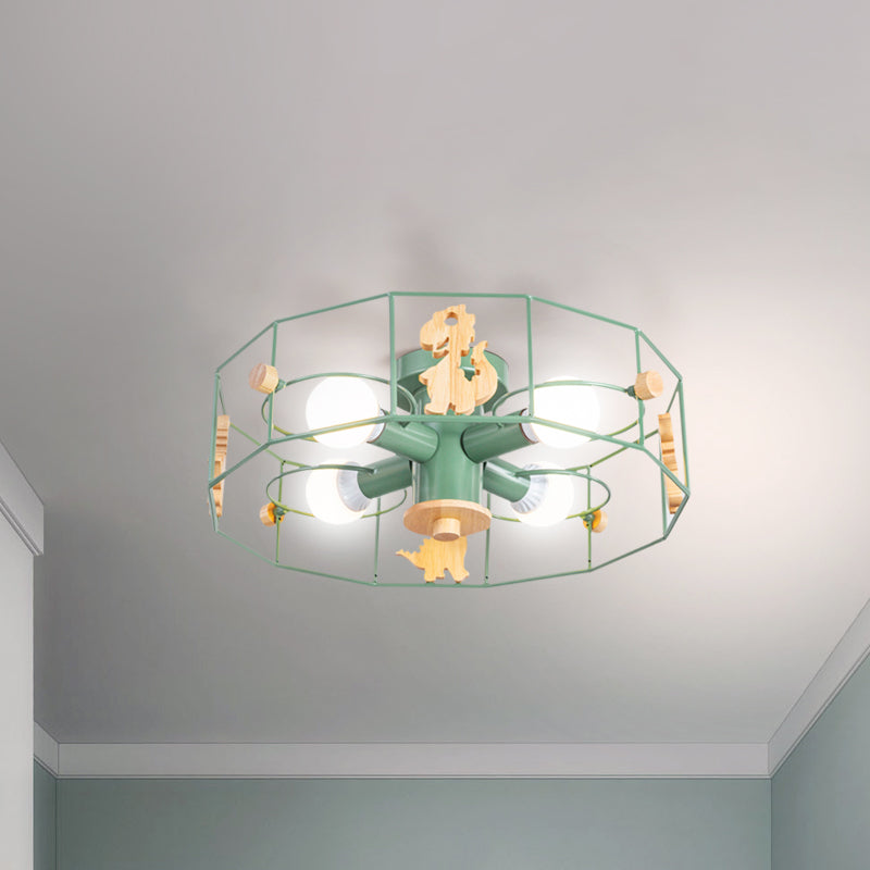 Drum Cage Shade Semi Mount Lighting Cartoon Metal 4 Lights Ceiling Lamp with Dinosaur Decoration in Green Finish Clearhalo 'Ceiling Lights' 'Close To Ceiling Lights' 'Close to ceiling' 'Semi-flushmount' Lighting' 259911