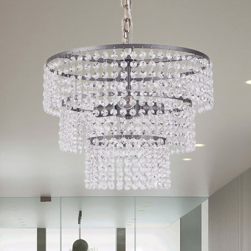 3 Tiers Round Hanging Lamp Modern Metal 3 Lights Chandelier Lighting with Clear Crystal Bead in Matte Black Clearhalo 'Ceiling Lights' 'Chandeliers' 'Modern Chandeliers' 'Modern' Lighting' 259916