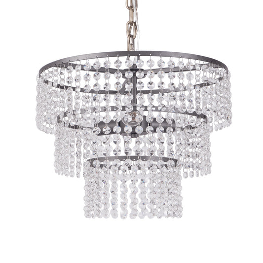 3 Tiers Round Hanging Lamp Modern Metal 3 Lights Chandelier Lighting with Clear Crystal Bead in Matte Black Clearhalo 'Ceiling Lights' 'Chandeliers' 'Modern Chandeliers' 'Modern' Lighting' 259917