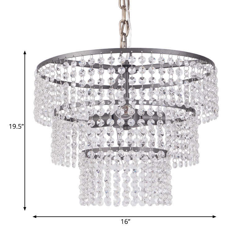3 Tiers Round Hanging Lamp Modern Metal 3 Lights Chandelier Lighting with Clear Crystal Bead in Matte Black Clearhalo 'Ceiling Lights' 'Chandeliers' 'Modern Chandeliers' 'Modern' Lighting' 259918