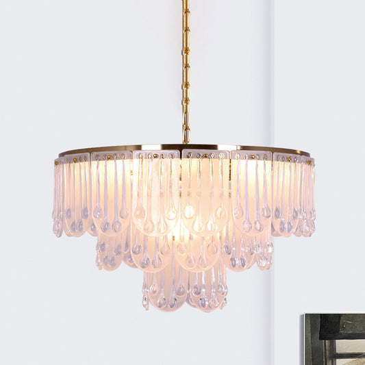 16"/23.5" W Frosted Glass Tiered Chandelier Light Modernist 3/8 Lights Hanging Lamp with Metal Chain in Gold Gold Clearhalo 'Ceiling Lights' 'Chandeliers' 'Modern Chandeliers' 'Modern' Lighting' 259919