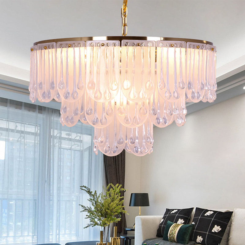 16"/23.5" W Frosted Glass Tiered Chandelier Light Modernist 3/8 Lights Hanging Lamp with Metal Chain in Gold Clearhalo 'Ceiling Lights' 'Chandeliers' 'Modern Chandeliers' 'Modern' Lighting' 259920
