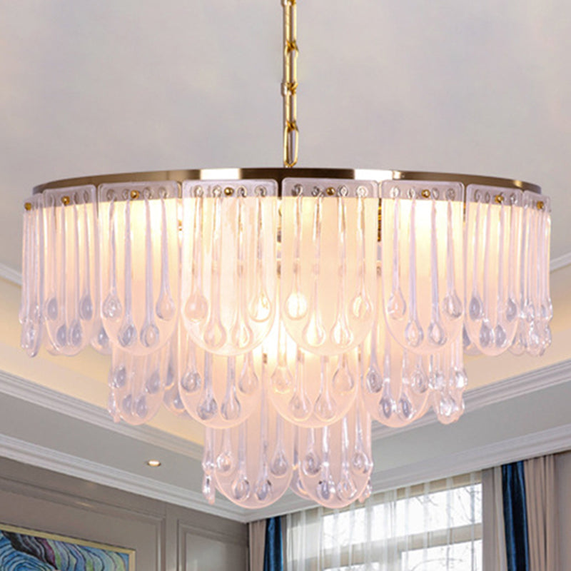 16"/23.5" W Frosted Glass Tiered Chandelier Light Modernist 3/8 Lights Hanging Lamp with Metal Chain in Gold Clearhalo 'Ceiling Lights' 'Chandeliers' 'Modern Chandeliers' 'Modern' Lighting' 259921