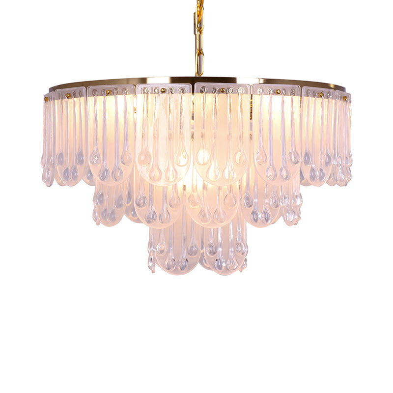 16"/23.5" W Frosted Glass Tiered Chandelier Light Modernist 3/8 Lights Hanging Lamp with Metal Chain in Gold Clearhalo 'Ceiling Lights' 'Chandeliers' 'Modern Chandeliers' 'Modern' Lighting' 259922
