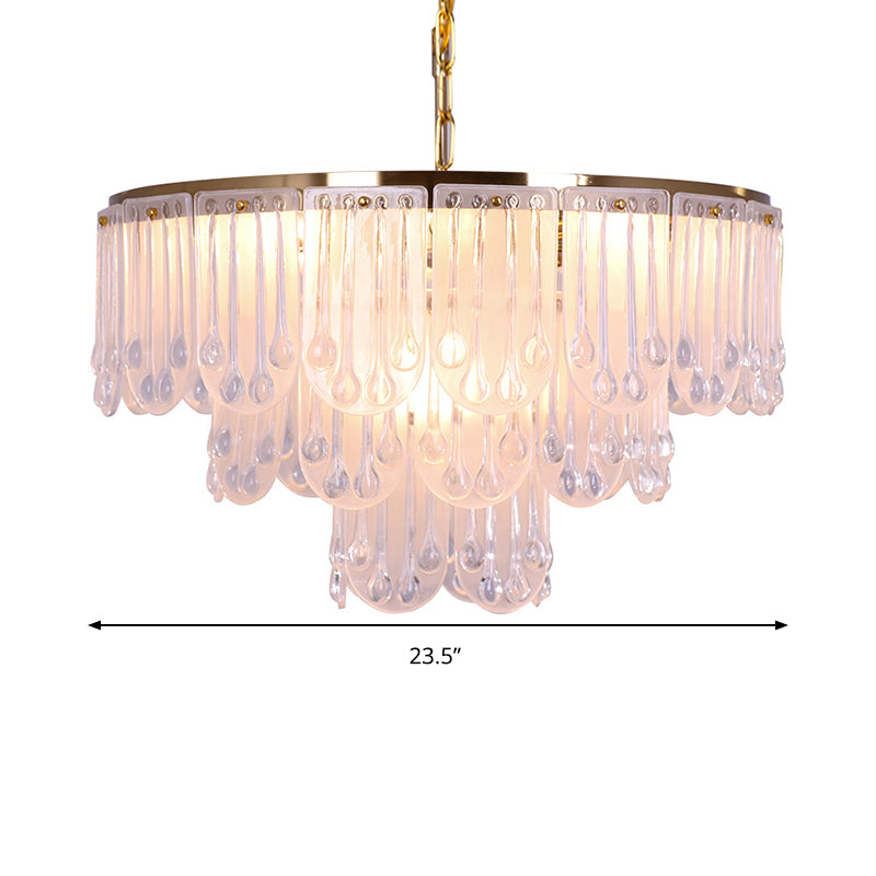 16"/23.5" W Frosted Glass Tiered Chandelier Light Modernist 3/8 Lights Hanging Lamp with Metal Chain in Gold Clearhalo 'Ceiling Lights' 'Chandeliers' 'Modern Chandeliers' 'Modern' Lighting' 259924