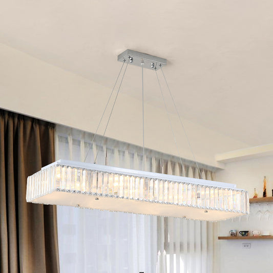 8 Lights Rectangular Chandelier Lamp Modern Pendant Lamp with Crystal Block and Glass Diffuser in White White Clearhalo 'Ceiling Lights' 'Chandeliers' 'Modern Chandeliers' 'Modern' Lighting' 259926
