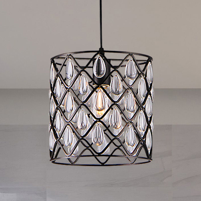 Metal Caged Pendant Lighting with Crystal Drop Deco Industrial 1/4/6 Lights Chandelier Lamp in Black 1 Black Clearhalo 'Ceiling Lights' 'Modern Pendants' 'Modern' 'Pendant Lights' 'Pendants' Lighting' 259935