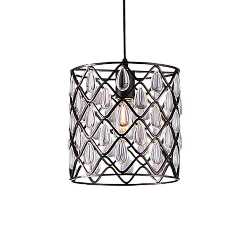 Metal Caged Pendant Lighting with Crystal Drop Deco Industrial 1/4/6 Lights Chandelier Lamp in Black Clearhalo 'Ceiling Lights' 'Modern Pendants' 'Modern' 'Pendant Lights' 'Pendants' Lighting' 259937