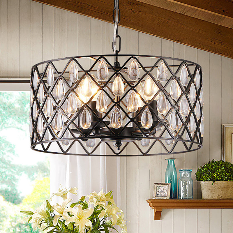 Metal Caged Pendant Lighting with Crystal Drop Deco Industrial 1/4/6 Lights Chandelier Lamp in Black 4 Black Clearhalo 'Ceiling Lights' 'Modern Pendants' 'Modern' 'Pendant Lights' 'Pendants' Lighting' 259939