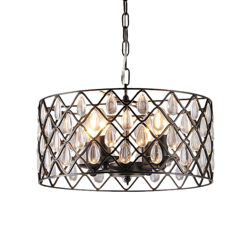 Metal Caged Pendant Lighting with Crystal Drop Deco Industrial 1/4/6 Lights Chandelier Lamp in Black Clearhalo 'Ceiling Lights' 'Modern Pendants' 'Modern' 'Pendant Lights' 'Pendants' Lighting' 259940