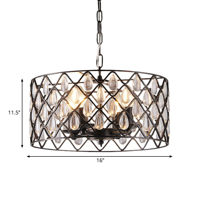 Metal Caged Pendant Lighting with Crystal Drop Deco Industrial 1/4/6 Lights Chandelier Lamp in Black Clearhalo 'Ceiling Lights' 'Modern Pendants' 'Modern' 'Pendant Lights' 'Pendants' Lighting' 259941