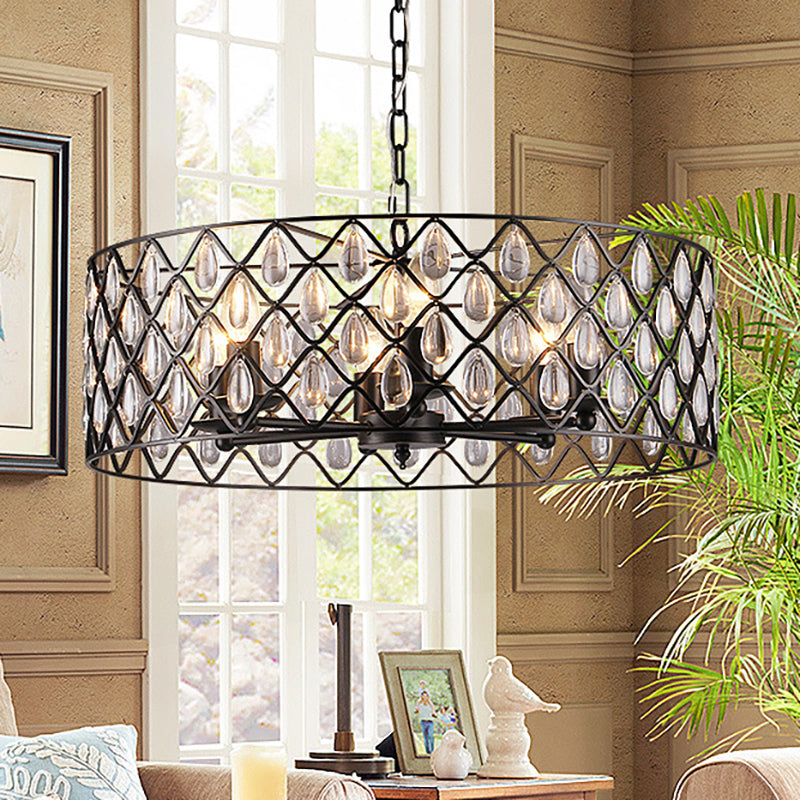 Metal Caged Pendant Lighting with Crystal Drop Deco Industrial 1/4/6 Lights Chandelier Lamp in Black 6 Black Clearhalo 'Ceiling Lights' 'Modern Pendants' 'Modern' 'Pendant Lights' 'Pendants' Lighting' 259942