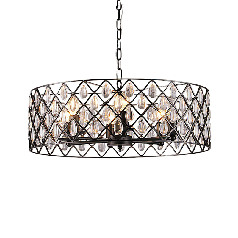 Metal Caged Pendant Lighting with Crystal Drop Deco Industrial 1/4/6 Lights Chandelier Lamp in Black Clearhalo 'Ceiling Lights' 'Modern Pendants' 'Modern' 'Pendant Lights' 'Pendants' Lighting' 259943