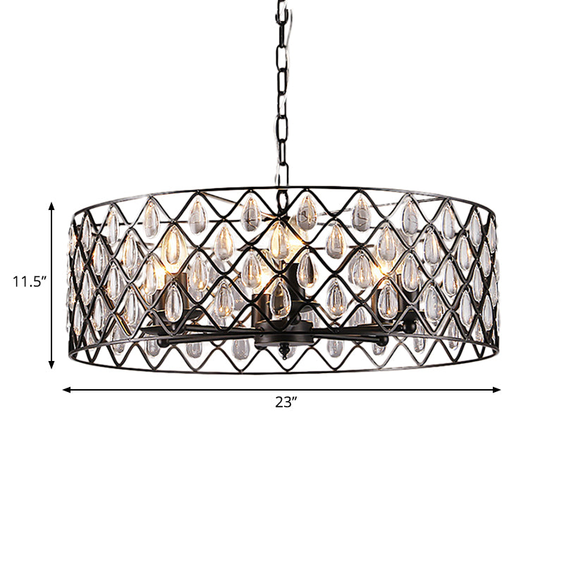 Metal Caged Pendant Lighting with Crystal Drop Deco Industrial 1/4/6 Lights Chandelier Lamp in Black Clearhalo 'Ceiling Lights' 'Modern Pendants' 'Modern' 'Pendant Lights' 'Pendants' Lighting' 259944