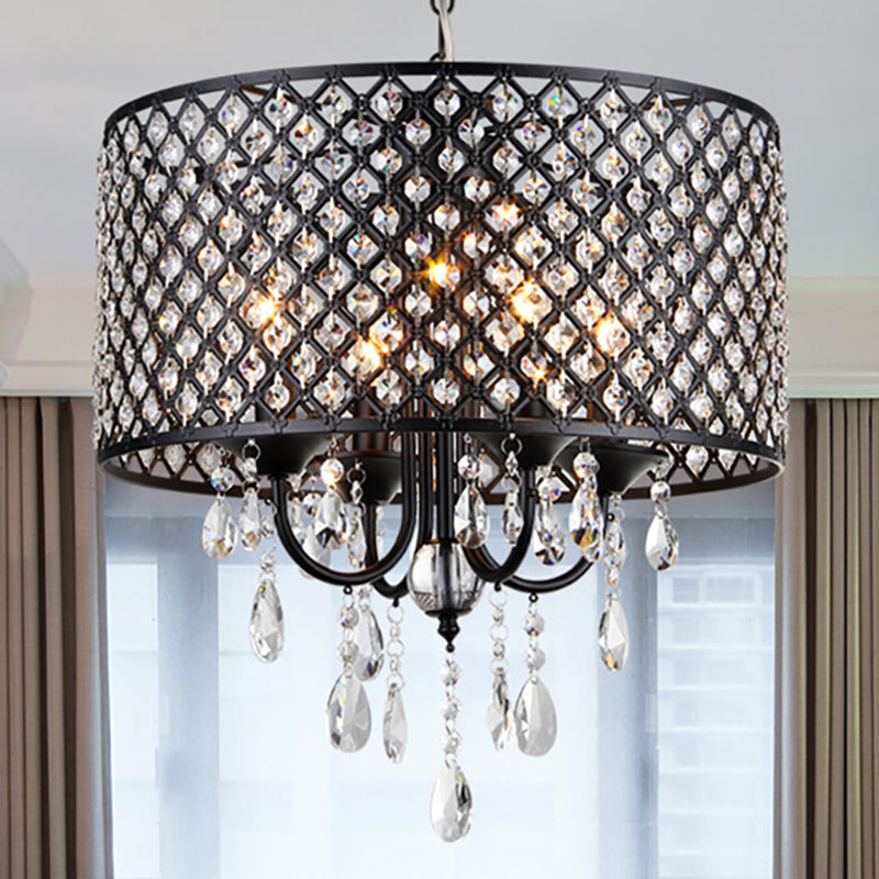 Vintage Style Black/Chrome Chandelier Lamp with Drum Shade 4 Lights Iron and Crystal Hanging Light Black Clearhalo 'Ceiling Lights' 'Chandeliers' Lighting' options 259945_935fc056-f39b-424c-8fd4-a34a6f616687