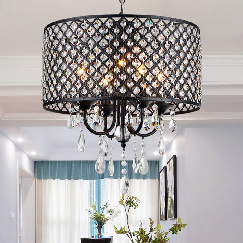 Vintage Style Black/Chrome Chandelier Lamp with Drum Shade 4 Lights Iron and Crystal Hanging Light Clearhalo 'Ceiling Lights' 'Chandeliers' Lighting' options 259946