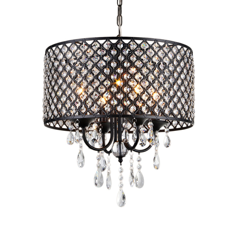 Vintage Style Black/Chrome Chandelier Lamp with Drum Shade 4 Lights Iron and Crystal Hanging Light Clearhalo 'Ceiling Lights' 'Chandeliers' Lighting' options 259947