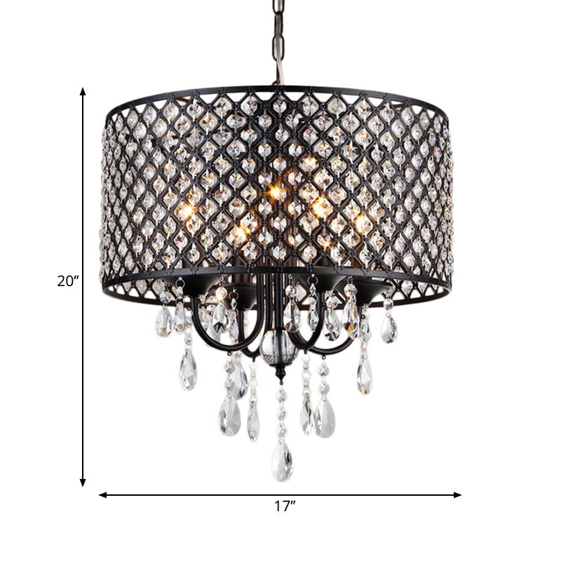 Vintage Style Black/Chrome Chandelier Lamp with Drum Shade 4 Lights Iron and Crystal Hanging Light Clearhalo 'Ceiling Lights' 'Chandeliers' Lighting' options 259948