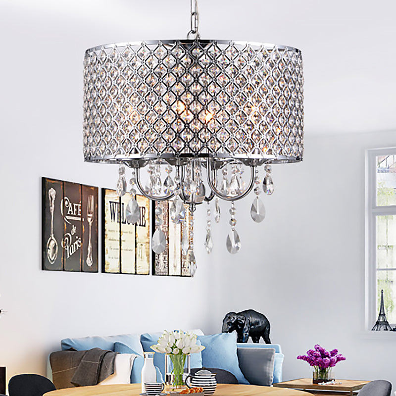 Vintage Style Black/Chrome Chandelier Lamp with Drum Shade 4 Lights Iron and Crystal Hanging Light Clearhalo 'Ceiling Lights' 'Chandeliers' Lighting' options 259950