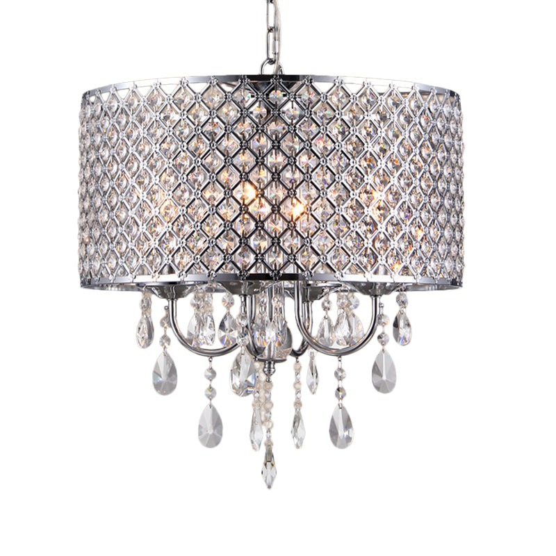 Vintage Style Black/Chrome Chandelier Lamp with Drum Shade 4 Lights Iron and Crystal Hanging Light Clearhalo 'Ceiling Lights' 'Chandeliers' Lighting' options 259951