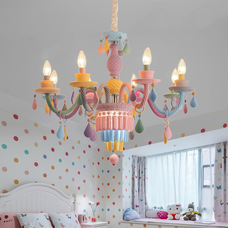 3/5 Bulbs Candle Chandelier Pendant Light Macaron Glass Hanging Light with Crystal Accent in Multi Color Clearhalo 'Ceiling Lights' 'Chandeliers' Lighting' options 259986