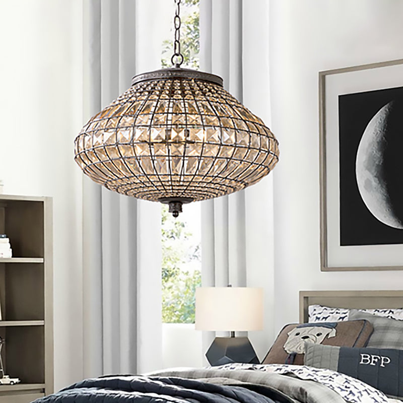 Crystal Beaded Pendant Lamp Vintage Style 3 Lights Hanging Light with Shade in Bronze for Bedroom Clearhalo 'Ceiling Lights' 'Chandeliers' Lighting' options 260017