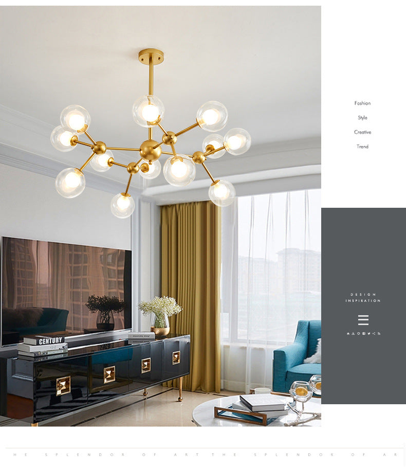 Clear Globe Shape Glass Chandelier Light Molecular Frosted Iron Modern Pendant Lighting in Gold Clearhalo 'Ceiling Lights' 'Chandeliers' 'Modern Chandeliers' 'Modern' Lighting' 2600170