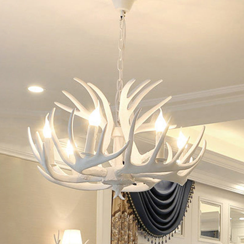 White Retro Resin Deer Horn Chandelier Rustic Style Bedroom Drop Lamp Lighting Fixture in White Clearhalo 'Ceiling Lights' 'Chandeliers' Lighting' 2600291