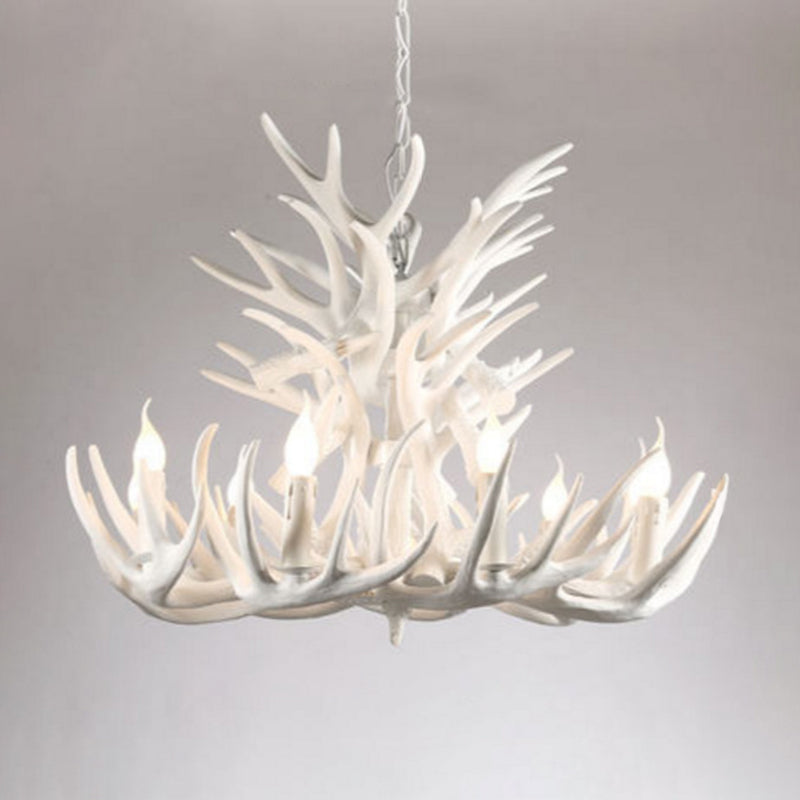 White Retro Resin Deer Horn Chandelier Rustic Style Bedroom Drop Lamp Lighting Fixture in White White 9+9 Clearhalo 'Ceiling Lights' 'Chandeliers' Lighting' 2600295