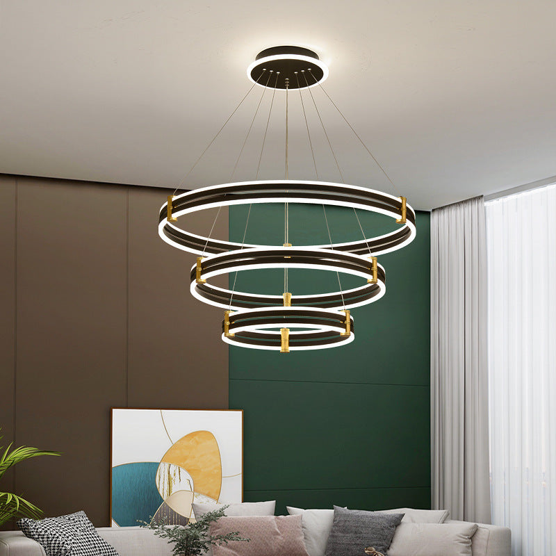 Modern Ring LED Chandelier 3-color Light Adjustable Aluminum Multi Tier Pendant Light in Black Clearhalo 'Ceiling Lights' 'Chandeliers' 'Modern Chandeliers' 'Modern' Lighting' 2600453