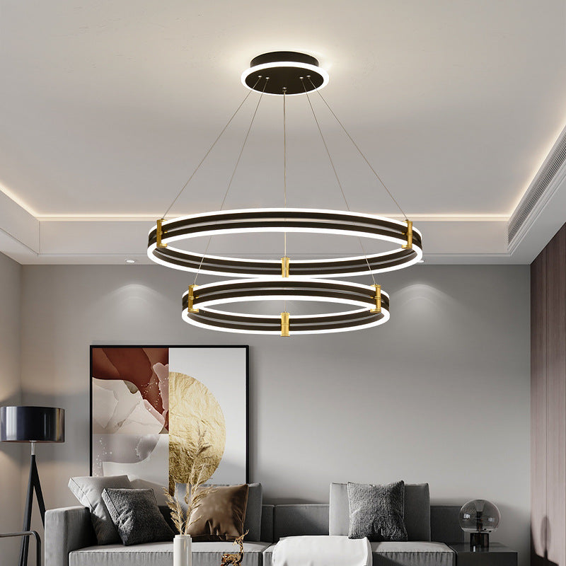 Modern Ring LED Chandelier 3-color Light Adjustable Aluminum Multi Tier Pendant Light in Black Black 24"+31.5" Clearhalo 'Ceiling Lights' 'Chandeliers' 'Modern Chandeliers' 'Modern' Lighting' 2600455