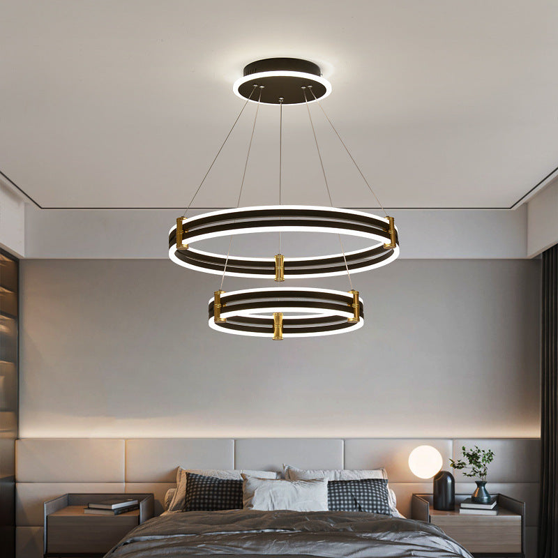 Modern Ring LED Chandelier 3-color Light Adjustable Aluminum Multi Tier Pendant Light in Black Black 16"+23.5" Clearhalo 'Ceiling Lights' 'Chandeliers' 'Modern Chandeliers' 'Modern' Lighting' 2600456