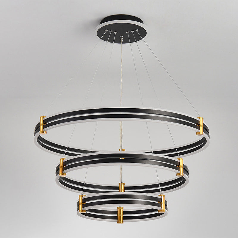 Modern Ring LED Chandelier 3-color Light Adjustable Aluminum Multi Tier Pendant Light in Black Clearhalo 'Ceiling Lights' 'Chandeliers' 'Modern Chandeliers' 'Modern' Lighting' 2600460