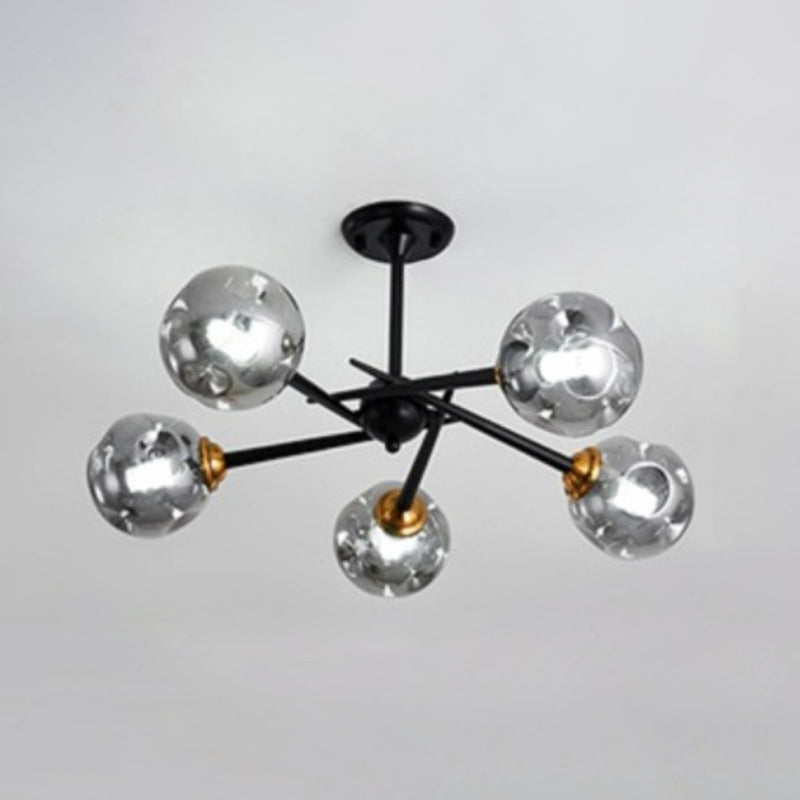 Multi Light Glass Ball Chandelier Light Black Wrought Iron Lamp Body Modern Chic Hanging Light for Living Room 5 Black Smoke Grey Clearhalo 'Ceiling Lights' 'Chandeliers' 'Modern Chandeliers' 'Modern' Lighting' 2600523