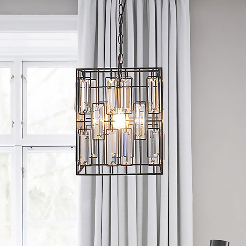 Black Cubic Cage Pendant Light Industrial Metal 1 Light Suspension Light with Crystal Accent for Restaurant Clearhalo 'Ceiling Lights' 'Chandeliers' 'Modern Chandeliers' 'Modern' Lighting' 260076