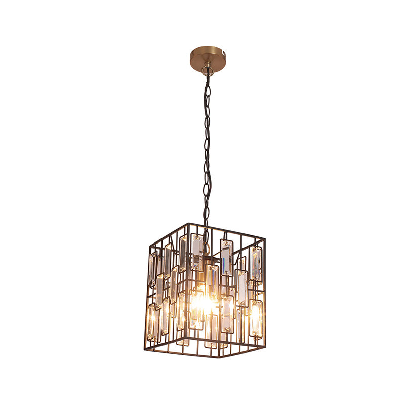 Black Cubic Cage Pendant Light Industrial Metal 1 Light Suspension Light with Crystal Accent for Restaurant Clearhalo 'Ceiling Lights' 'Chandeliers' 'Modern Chandeliers' 'Modern' Lighting' 260077