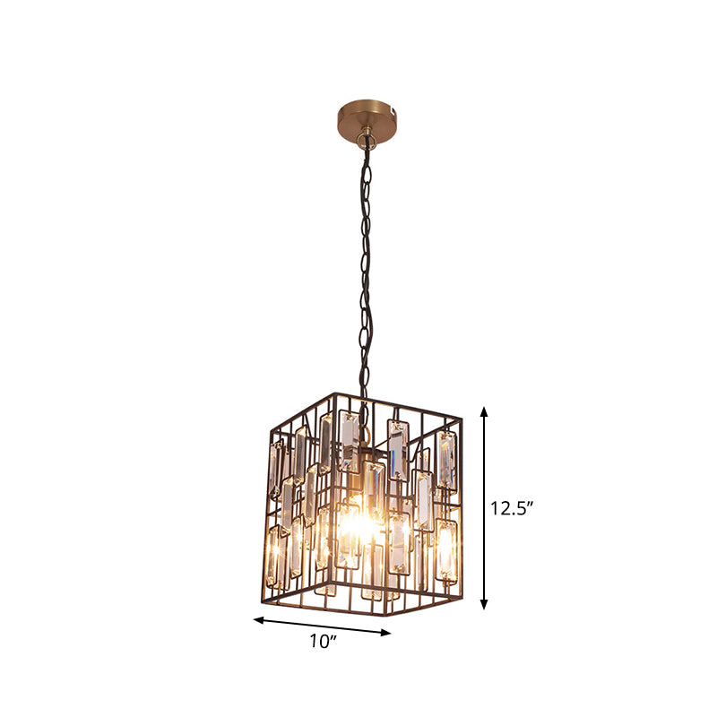 Black Cubic Cage Pendant Light Industrial Metal 1 Light Suspension Light with Crystal Accent for Restaurant Clearhalo 'Ceiling Lights' 'Chandeliers' 'Modern Chandeliers' 'Modern' Lighting' 260079